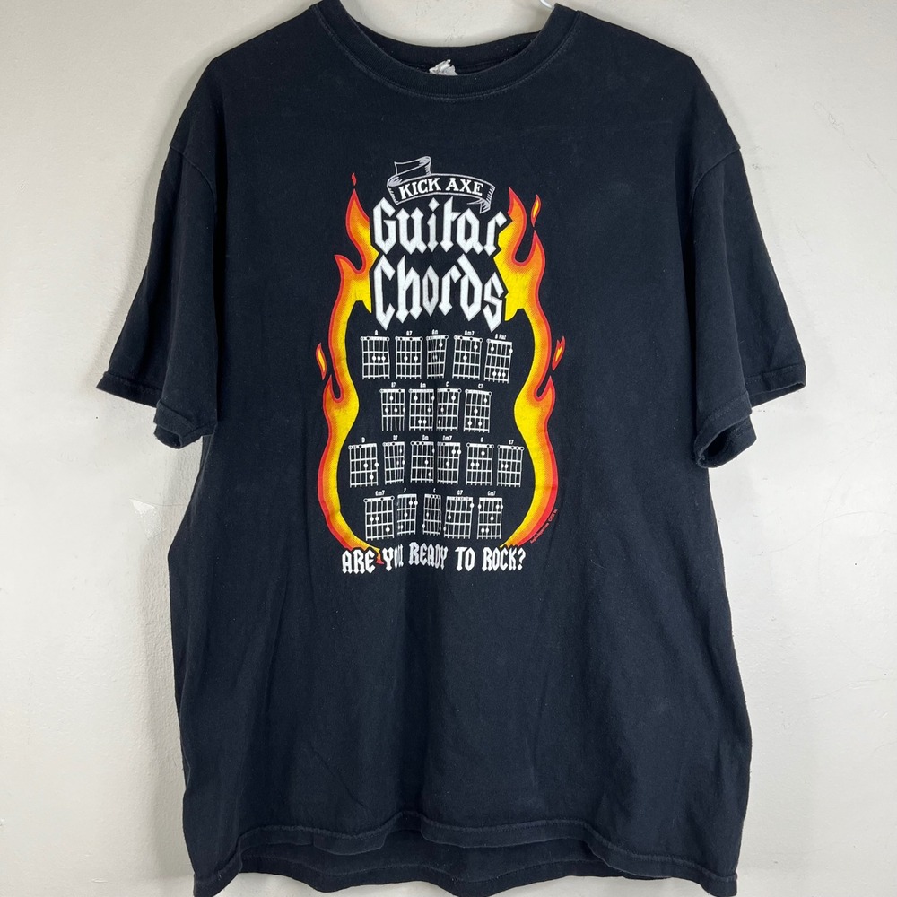 Kick Axe Guitar Chords Rock T Shirt Mens L Black Flames Music Anvil